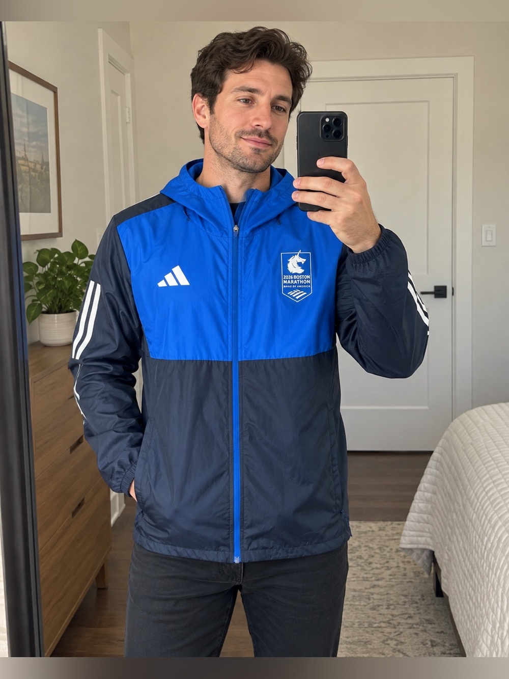 adidas Men’s 2026 Boston Marathon Blue Windbreaker Jacket Size M